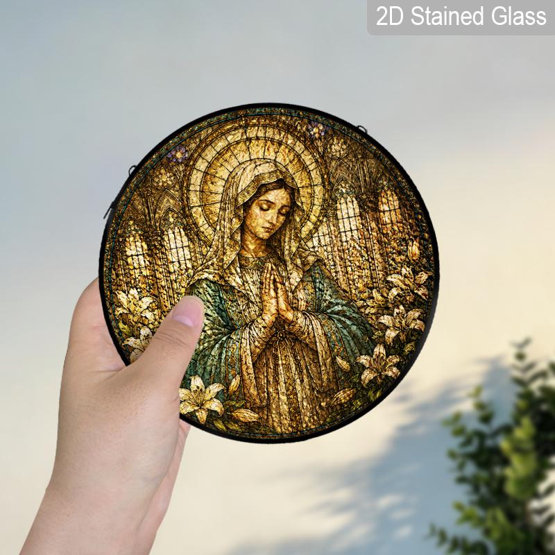 2D Flat ReligiousStained Glass Suncatcher, 6.3/7.87 Inch Religious Madonna Suncatcher, Pray Christmas Stained Glass Window Hanging Ornament