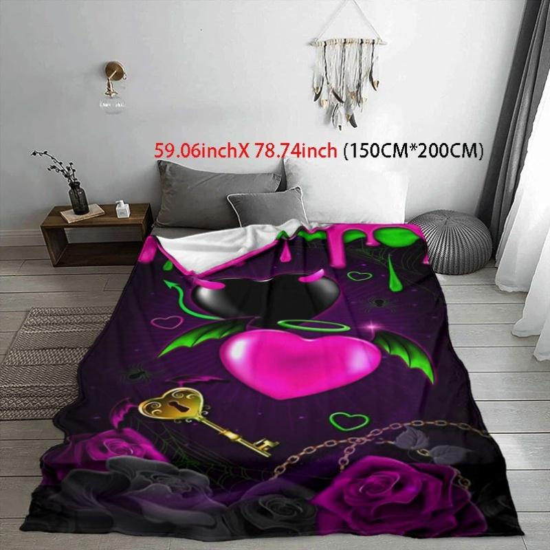 1pc Vibrant Heart & Key Design Flannel Blanket - Soft, Warm, All-Season Throw with Glittery Pink Hearts, Green Leaves, and Golde