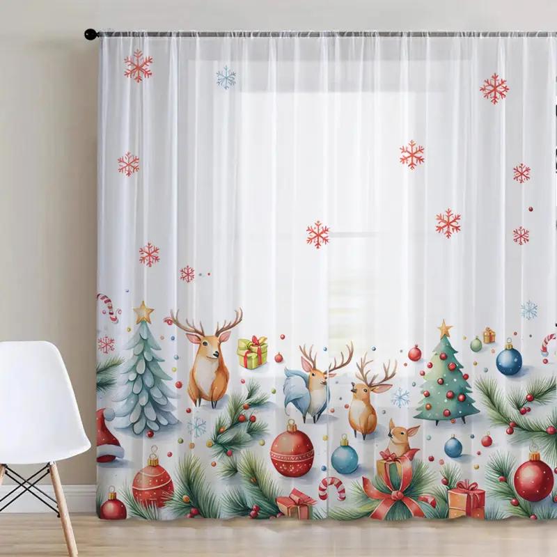 

Sheer Christmas Reindeer Colored Ball Thin Curtains Pole Bag Design Suitable Decoration Various Scenes Curtain Set Of 2 Made Polyester Washable W100*H70(CM)-Rod Pocket&2PCS
