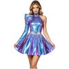 Women Halloween Cosplay Dress 80s Disco Metallic Mock Neck One Shoulder Long Sleeve Back Zip Asymmetrical Gown for Party