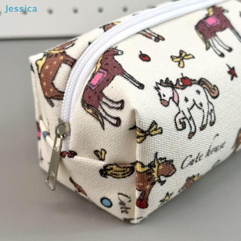 Cute Horse Print Pencil Case – Canvas Zipper Pouch For Stationery Cosmetics Daily Essentials