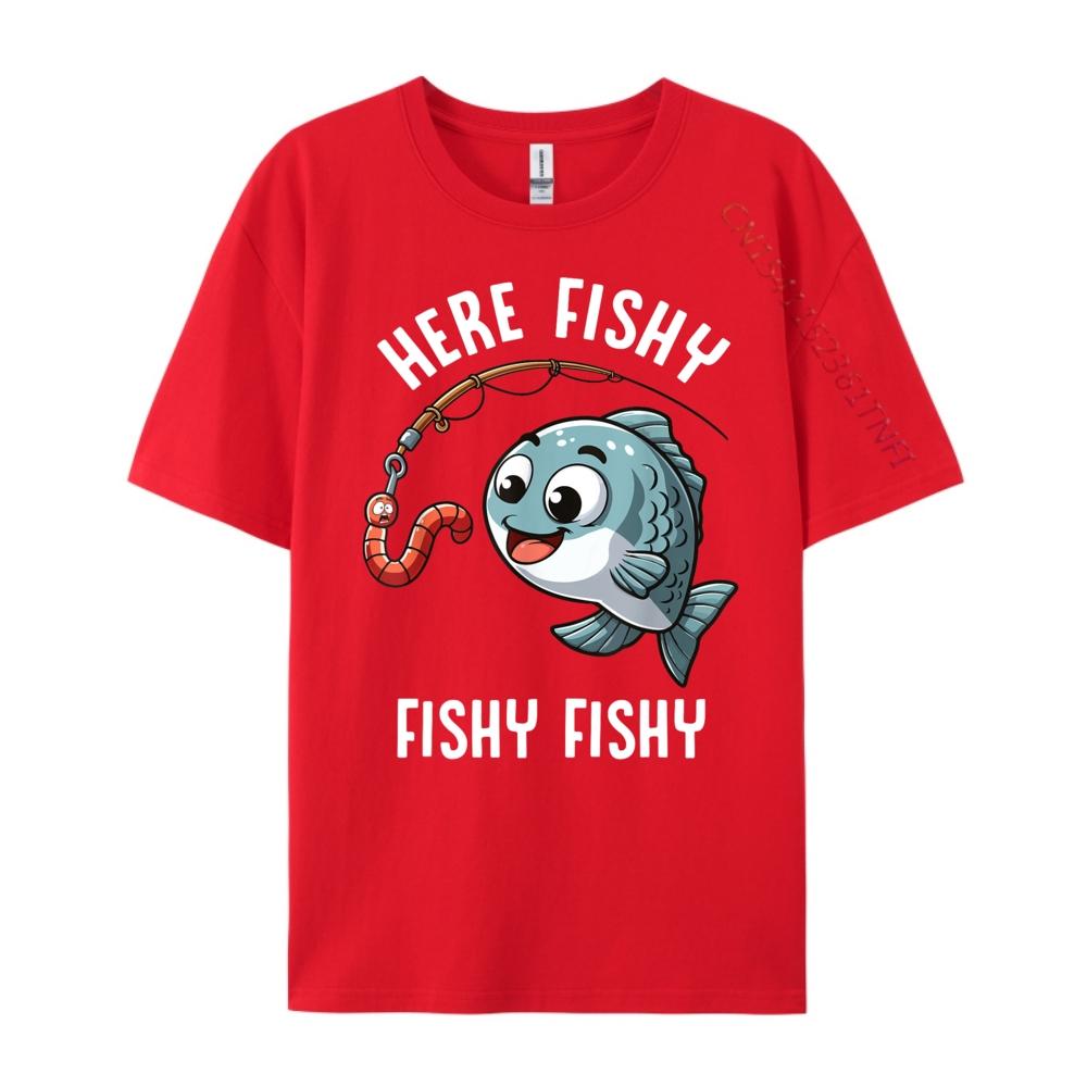 Here Fishy Fishing Funny Worm Cute Fish Fisherman Oversized T Shirt Men Summer Original Mens TShirts Character New Tshirt