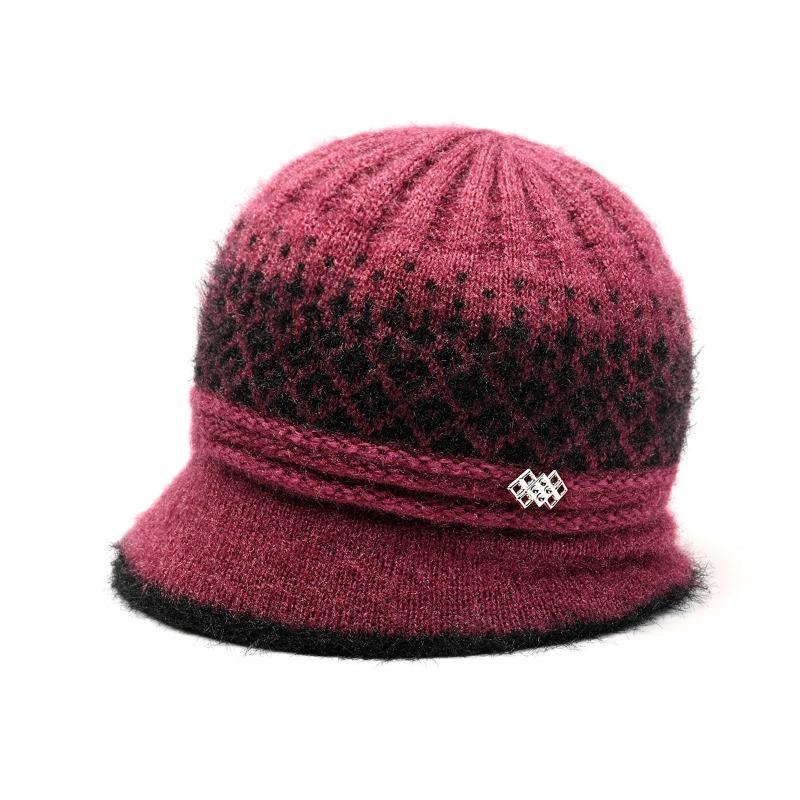 Hat Women's Autumn and Winter New Big Brim Wool Hat Old Lady Fleece Warm Ear Protector Knitted Hat