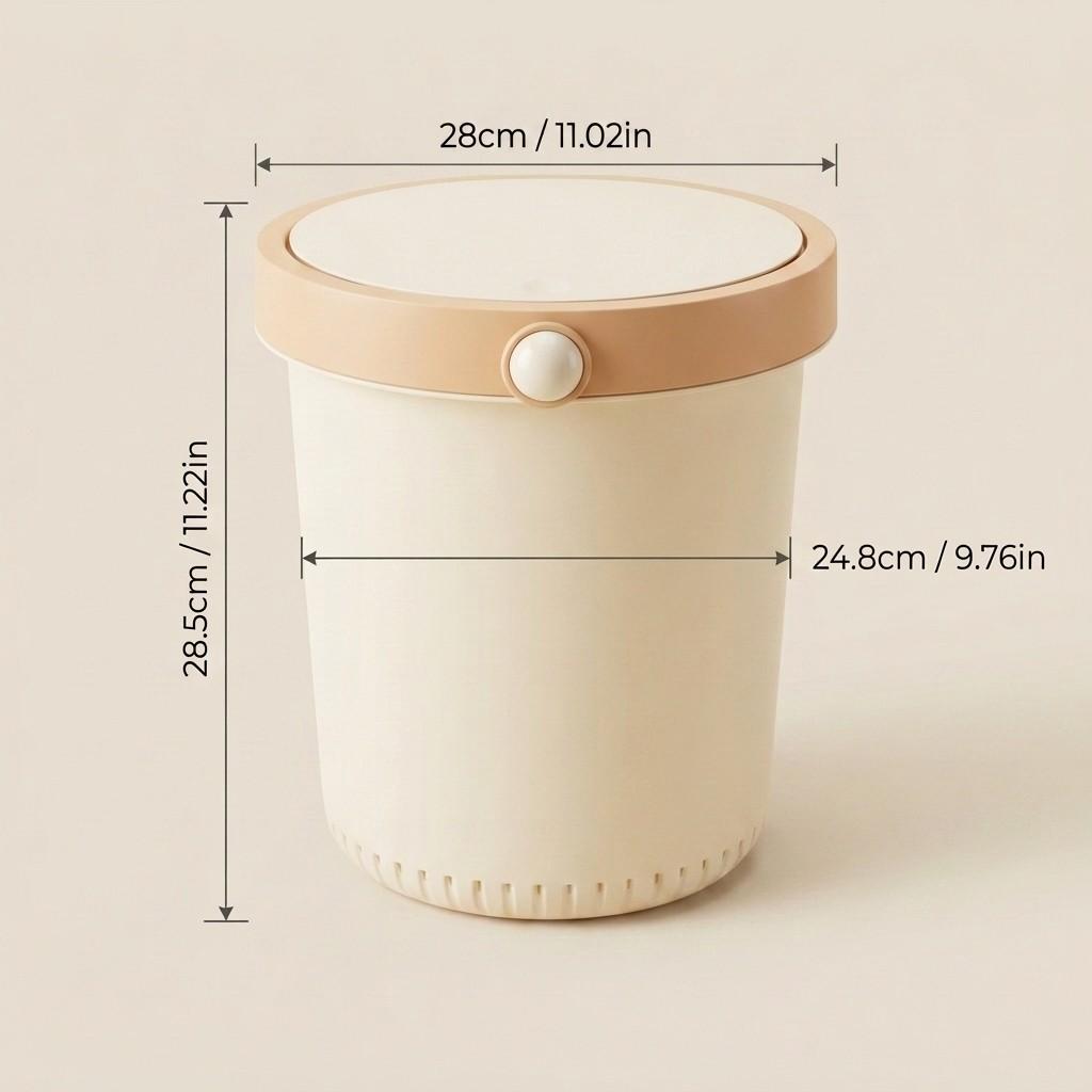 Beige Plastic Trash Can with Lid Push Button Round Wastebasket Odor-Proof Bathroom Kitchen Garbage Bin Desk Bedroom Dustbin