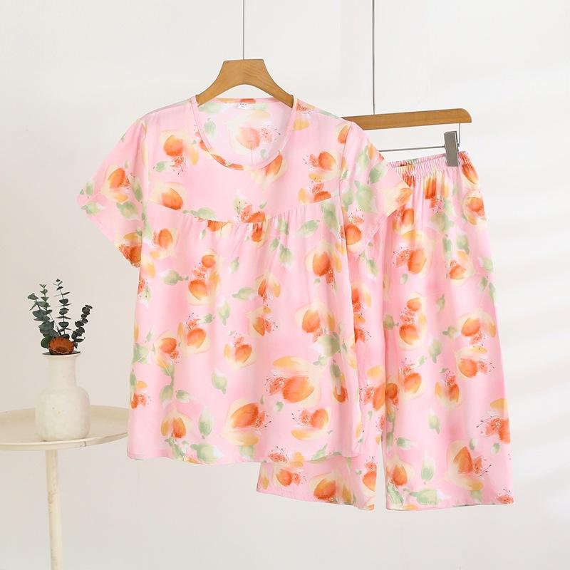 Summer Short-sleeved Home Wear Set, Women's Thin Round-neck Top, Shorts, Two-piece Loose Pajamas