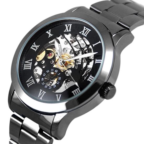 Luxury Men's Roman Numerals Tungsten Steel Mechanical Skeleton Wrist Watch