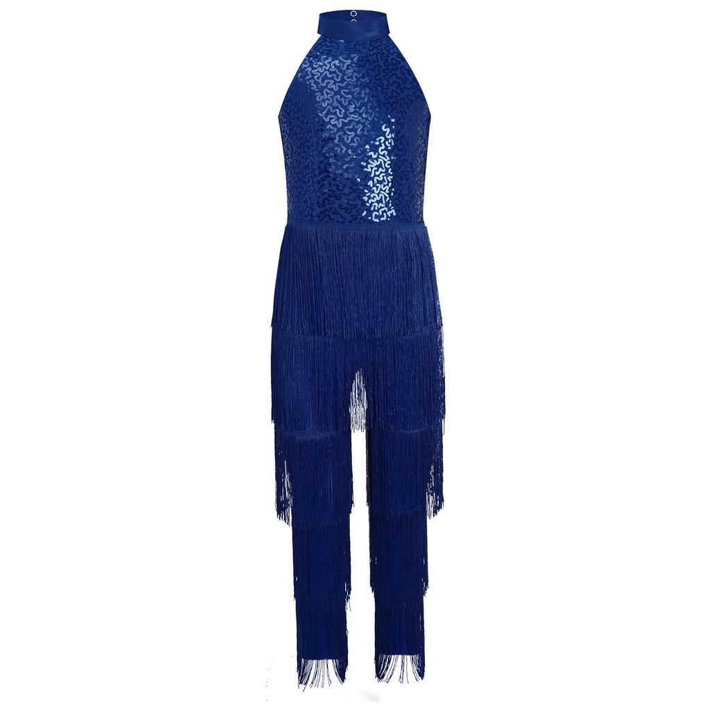 Mädchen Halter Ärmellos Rückenfrei Pailletten Stufig Quaste Tanz Jumpsuit Cha cha Latein Kostüm