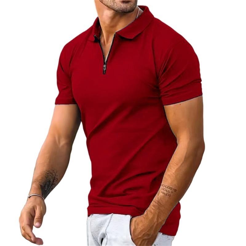 Men Solid Color Zipper Short Sleeve Polo Shirt Casual Top