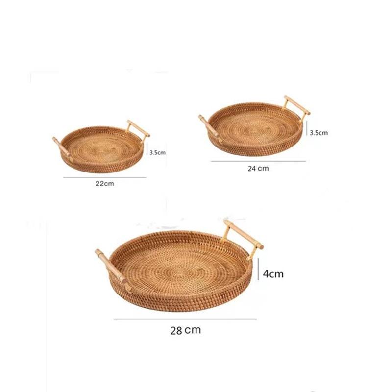 Handwoven Rattan Storage Tray with Wooden Handle Picnic Basket Bread Food Plate Snacks Fruit Cake Platter Dinner Serving Tray