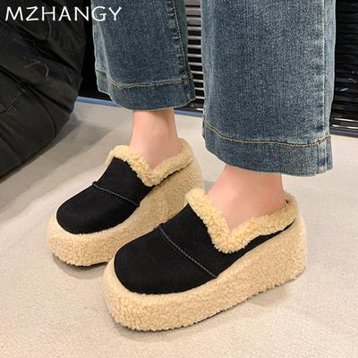 Women Fur Platform Cotton Slippers Wedges Casual Mules Shoes Slingback Woman 2025 Trend Winter New Flip Flops Mujer Snow Boots