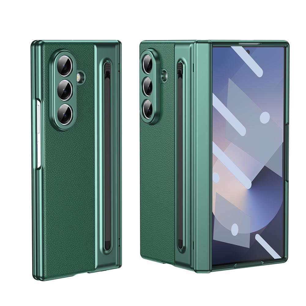 Plating Leather Hinge Case For Samsung Galaxy Z Fold 7 6 5 With Screen Glass Film All Inclusive Pen Slot Fold7 Protective Cover