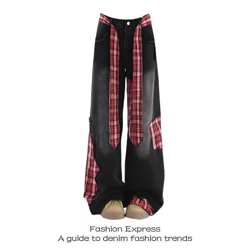 Women's Red Plaid High Waist Wide Leg Jeans - Patchwork Loose and Floor-Length Style