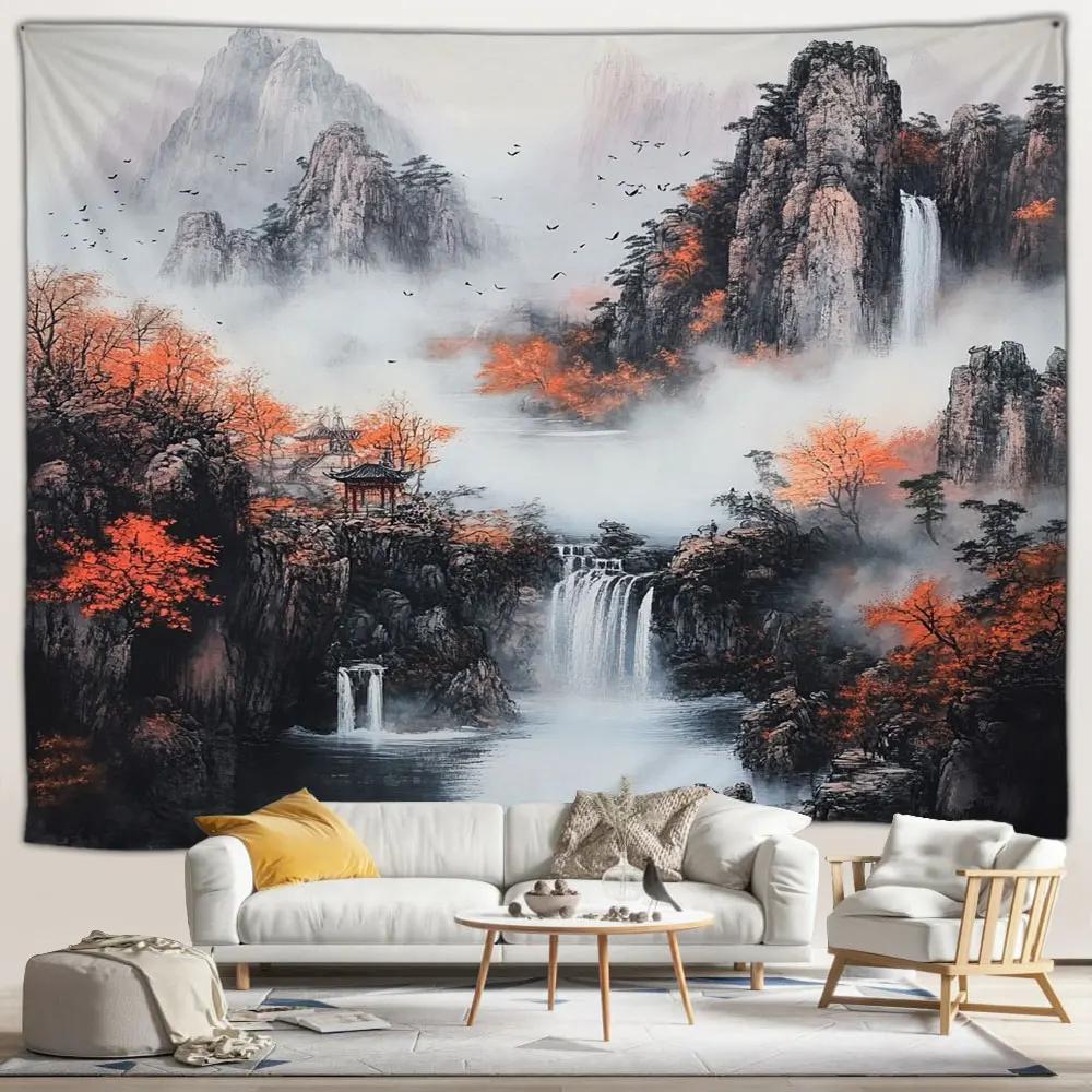 Japanese Scenery Tapestry Pink Cherry Blossom Flowers Misty Landscape Chinese Architecture Living Room Bedroom Decor Wall Hangin