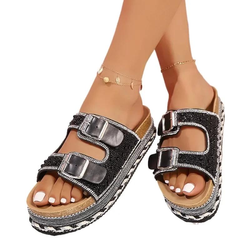 Fashion Ladies Shoes 2025 Open Toe Women's Slippers Summer Hot Sale Buckle Platform pearl Crystal Sandals Outdoor Daily Casual Slippers