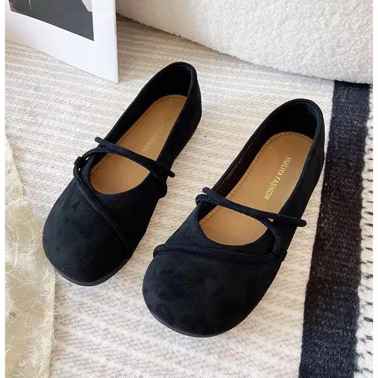 Women’s Black Suede Flat Shoes 2024 Fashion Thin Strap Shoe For Woman Round Head Closed Toe Shallow Mouth Flat Loafers Shoes