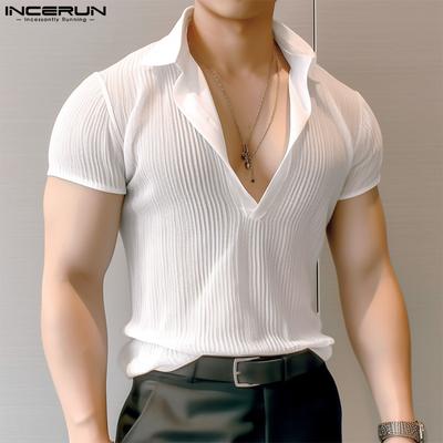 Summer Men V Neck Lapel Collar Mesh Shirts See Through Tops