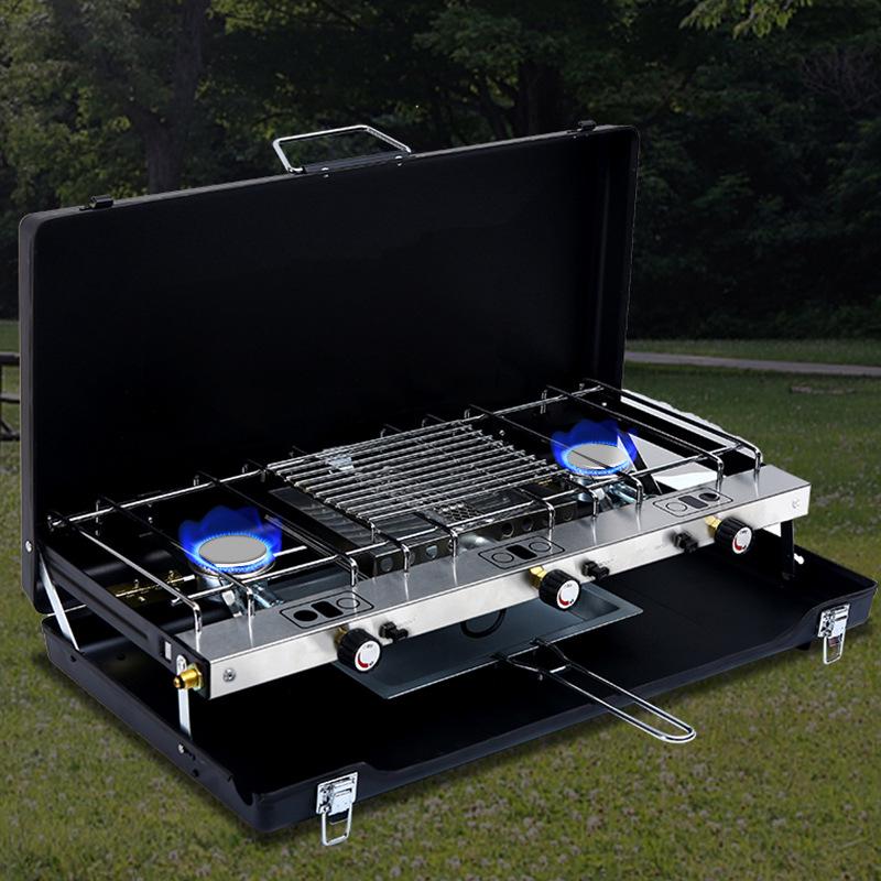 Portable Outdoor Double Burner Gas BBQ Grill & Folding Rack