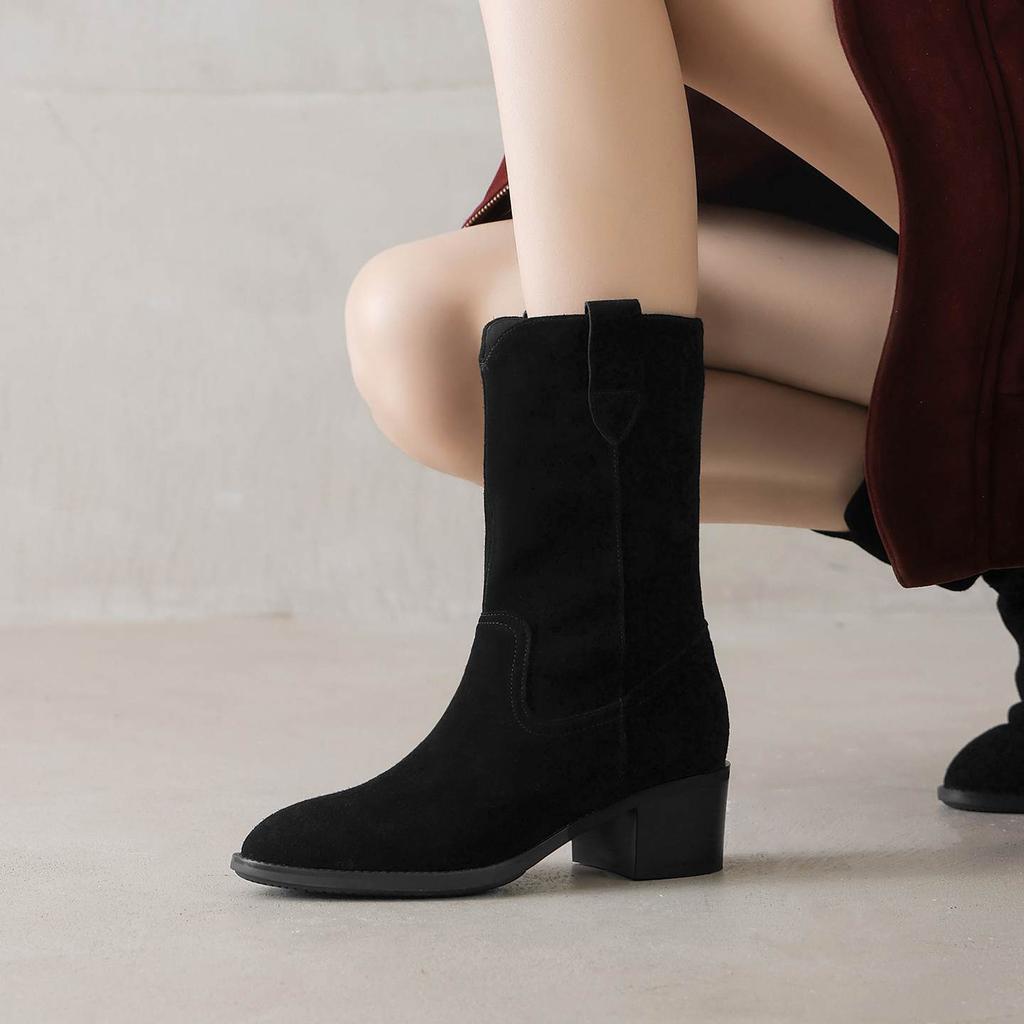 Krazing Pot Cow Suede Nubuck Winter Round Toe Modern Boots Med Heels Slip on Knitwear Women Mid-calf Boots