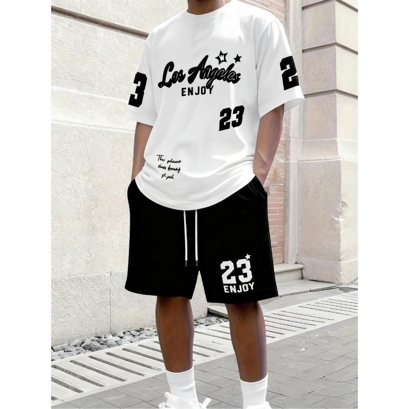 American Men s Summer New Letter Stripe Print Comfortable Breathable Round Neck T-shirt Drawstring Shorts Set Outdoor Sportswear S