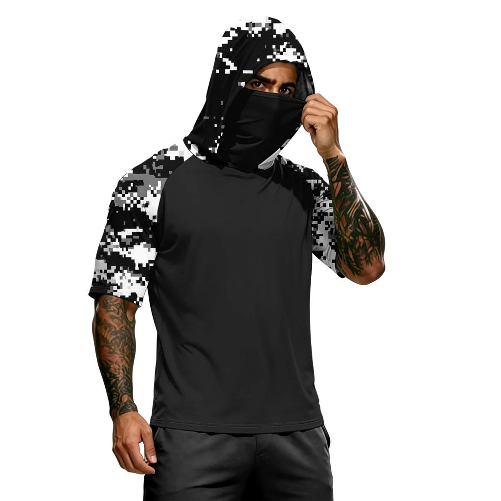 Men's Summer Camouflage Gradient Drying Short-sleeved T-shirt, Sun Clothing, Fishing, Fitness, Sports, Hooded Short-sleeved Shirt