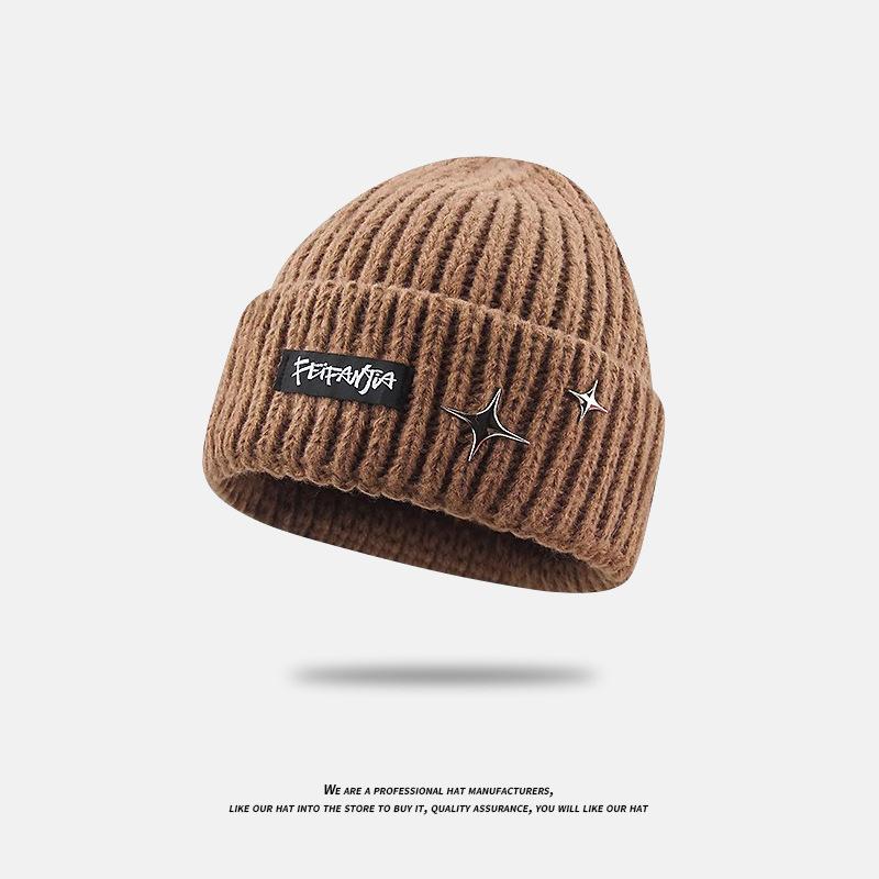 Letter Patch Knitted Hat for Women All Match Fashion Large Head Circumference Woolen Hat Winter Warm Ear Protection Star Pullover Cold Hat