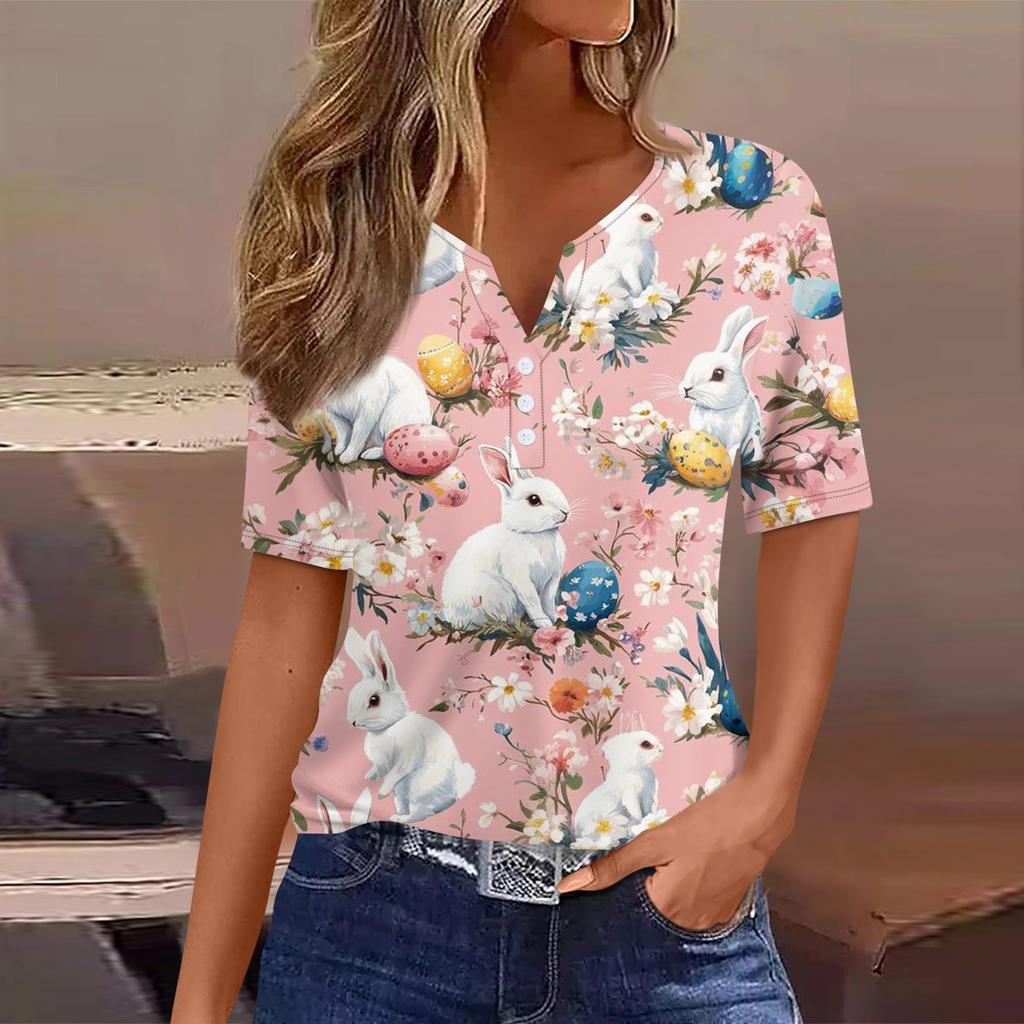 Tricou damă, tricou cu imprimeu, nasturi, mânecă scurtă, tunică, modă zilnică de weekend, top simplu cu decolteu în V, stil regulat