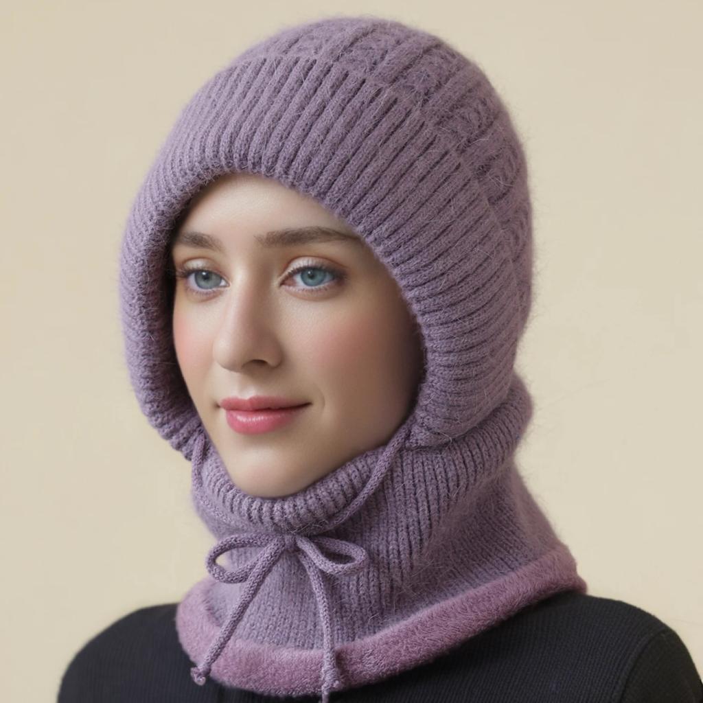 New Style Winter Women Keep Warm Knitted Hat Neck Protection Beanie Cap Fur Lined Warm Hats For Women Windproof Balaclava Cap