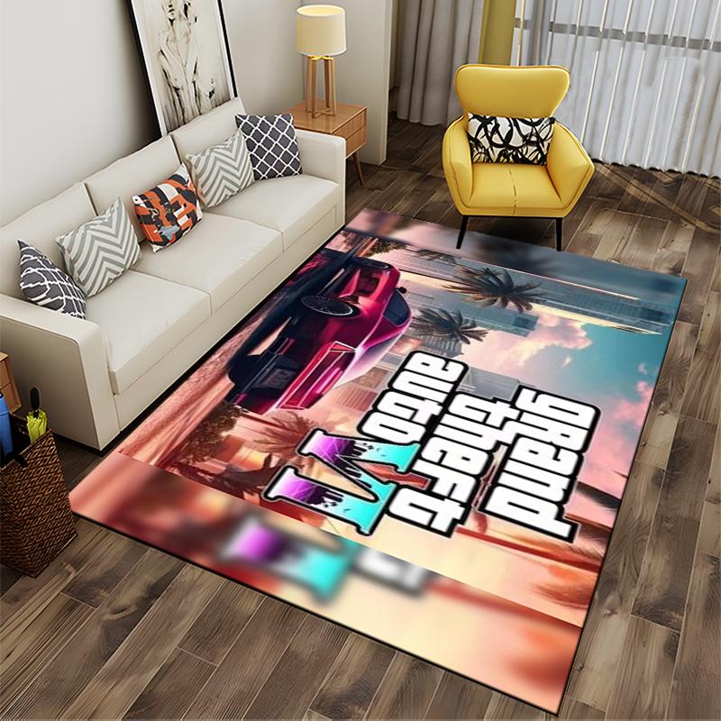 GTA VI Cityscape with Red Sports Car Non-slip Rug Suitable for Living Room and Bedroom Sofas.