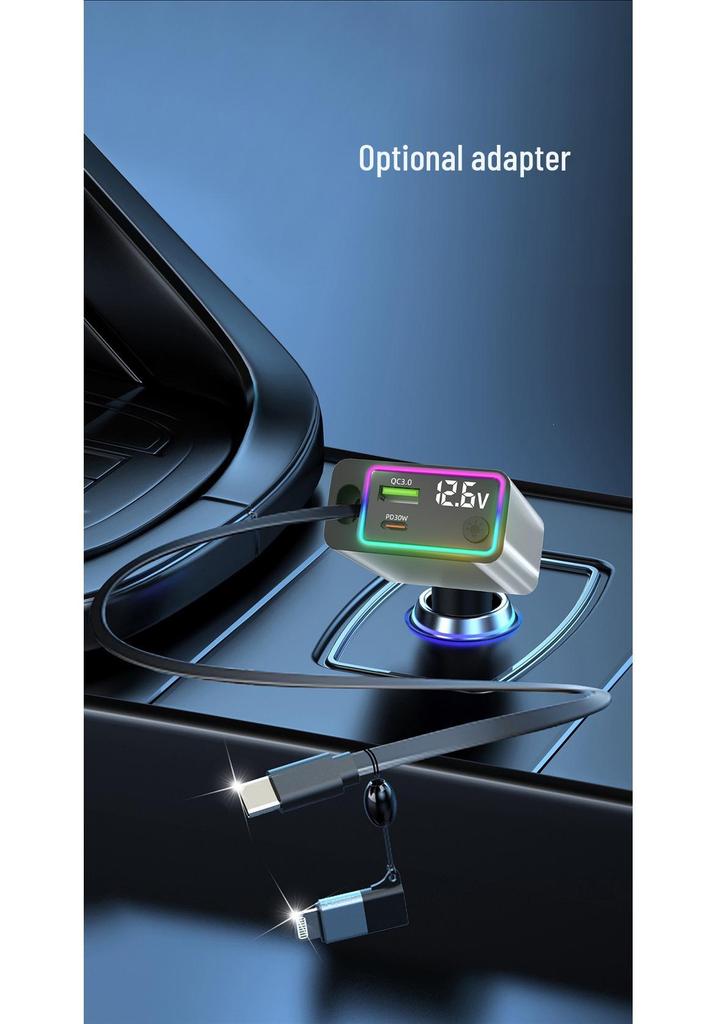 Fast-Charging Car Charger with Ambient Light and 3-Way Cigarette Lighter Converter, Type-C Retractable Flash Charging