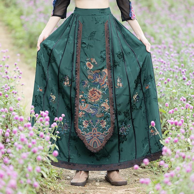 

Этническая вышитая юбка с мордой лошади, миди с цветными блоками и большим клешем, черное длинное платье One Size