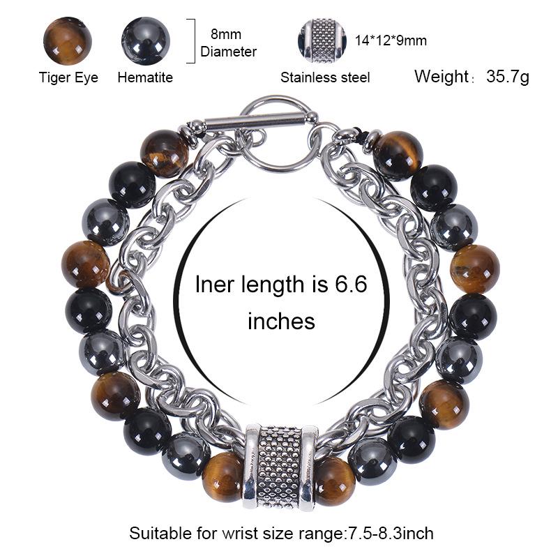 2025 Men's Double Layer Tiger Eye & Black Magnetic Stone Stainless Steel Bracelet with OT Buckle