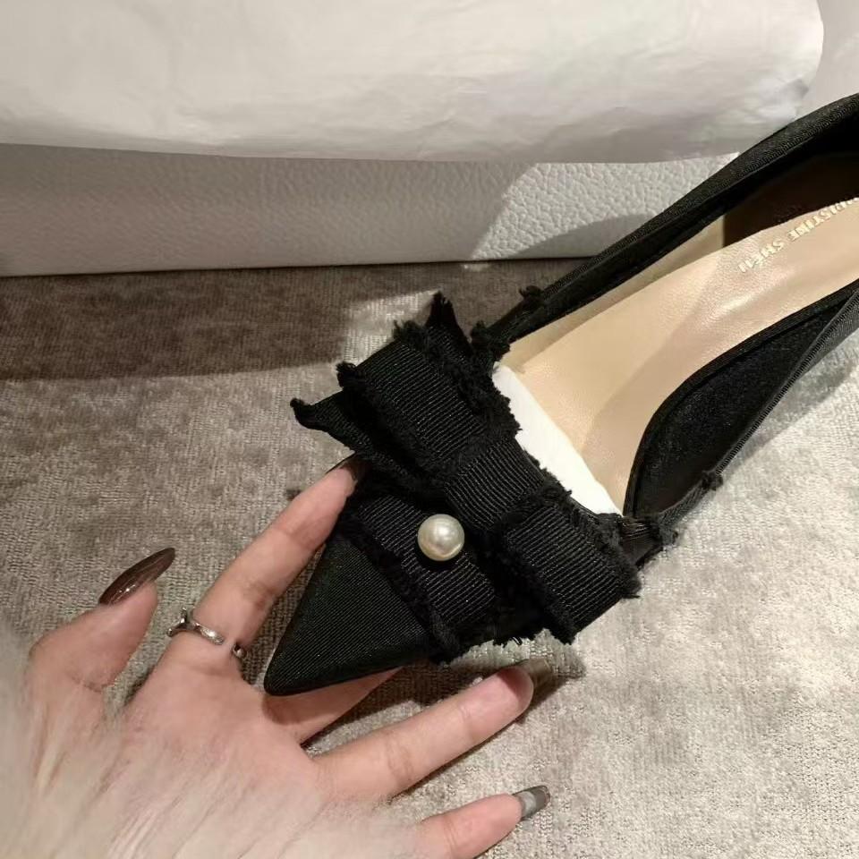 Fashion High heels pointed butterfly butterfly shallow mouth pearl commuting single shoes women's high heels wedding shoes