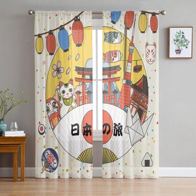 Japan Reise Element Cartoon Kultur Tüll Transparent Fenstervorhänge für Wohnzimmer Küche Kinderzimmer Voile Hängevorhang