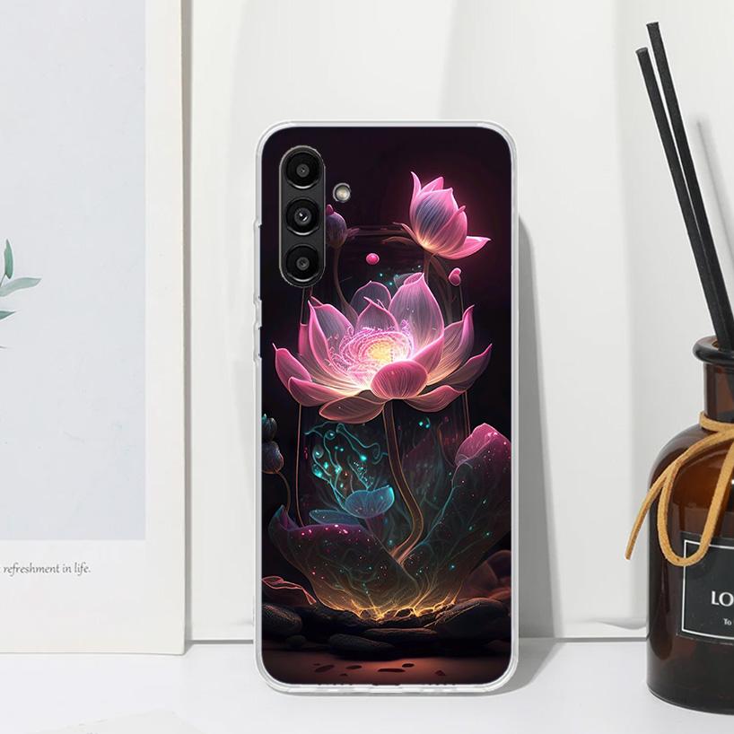 Lotus Blue White Flowers Phone Case For Samsung Galaxy A17 A37 A57 A16 A26 A36 A56 A15 A25 A35 A55 A14 A24 A34 A54 A13 A23 A33 A