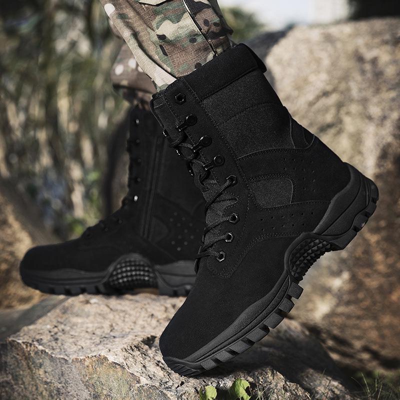 Men's Suede Combat Boots - Brown Side Zip for Hiking, Training, and Mountaineering.