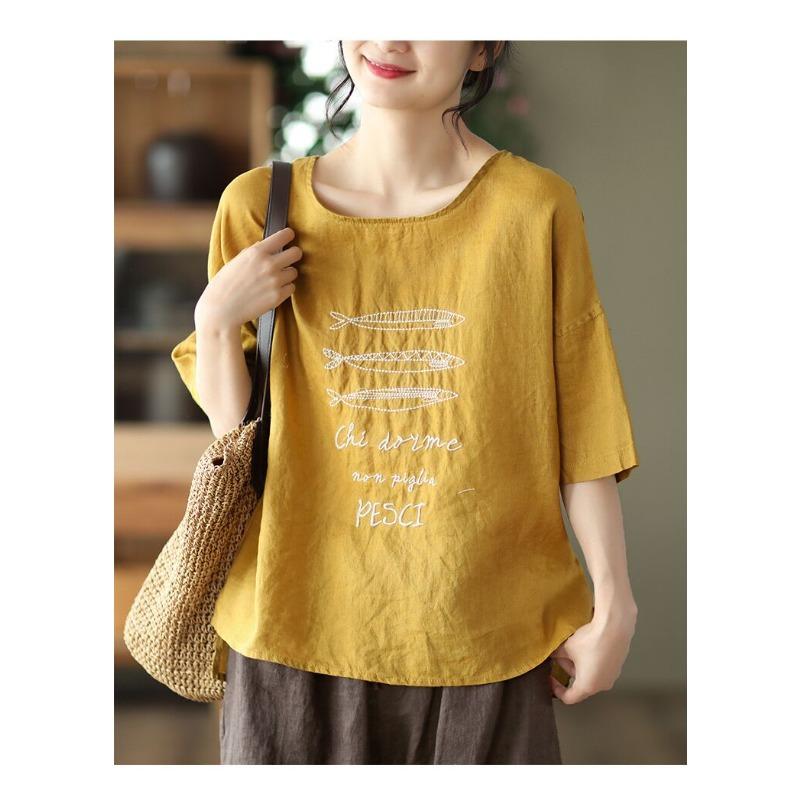 DIMANAF 2026 Summer New Plus Size Women Vintage Embroidery Cotton Linen T-shirt Casual Loose O-Neck Short Sleeve Tops