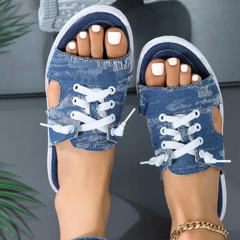 Fashion Women Canvas Sandals Breathable Summer Slippers Lace Up Open Toe Ladies Faux Denim Flat Shoes Zapatos Mujer
