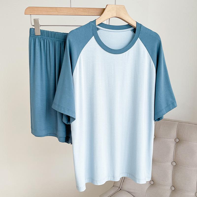 

Women s Spring/Summer Color Block Modal Pajamas Set - Short Sleeve, Loose Fit, Two-Piece, Wear Indoors or Out One Size
