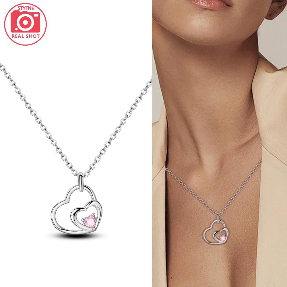 

Exquisite Infinite Love Pink Heart Double Pendant Necklace New in 925 Silver Necklace Women Jewelry Anniversary Gifts