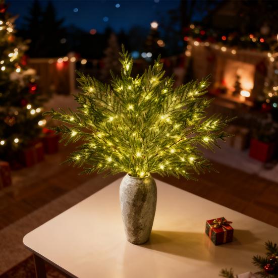 10 Pcs Lighted Christmas Norfolk Pine Branches Pre-Lit Artificial Pine Stems for DIY Wreaths Vase Fillers Indoor Outdoor Decor