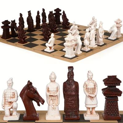 Novo Xadrez Antigo de Imitação Grande Exército de Terracota 3D Peças de Xadrez de Resina Para Fazer Tratamento Antigo Tabuleiro de Xadrez de Couro 43Cm/16,93Polegadas