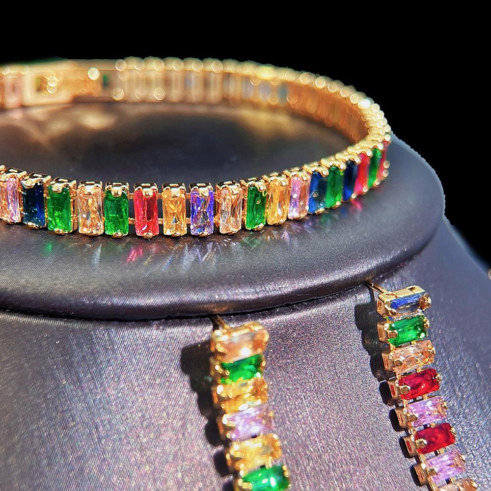 CMM 3 Adet Üst Parlak Renkli CZ Hint Yuvarlak Gerdanlık Kolye Küpe Bilezik takı seti Balo Ziyafet kostüm Aksesuarları