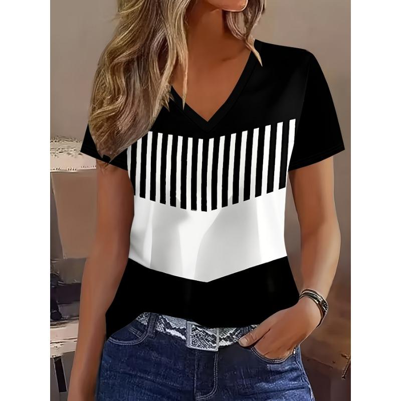 Moda Donna T-shirt Elegante da Vacanza a Manica Corta con Scollo a V