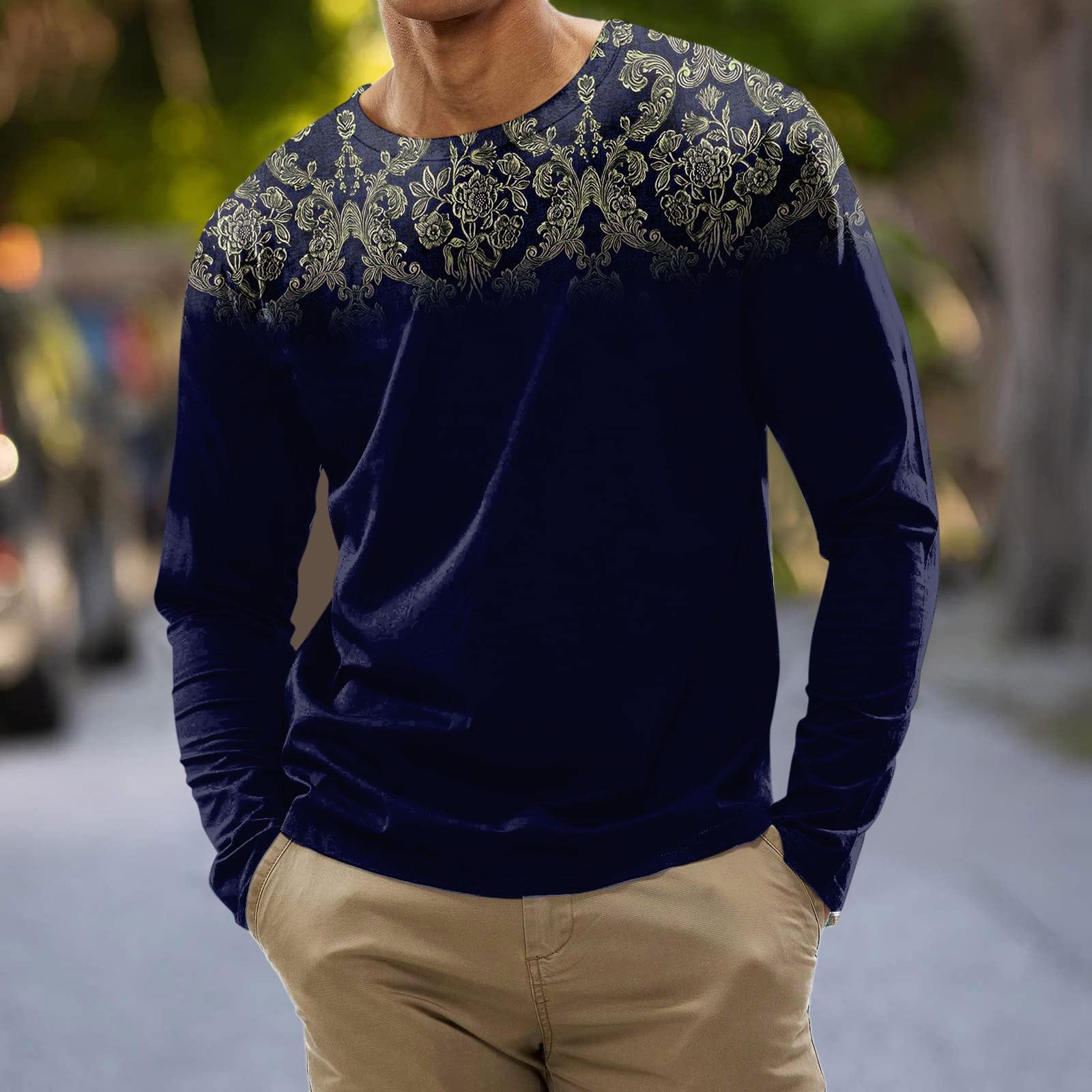 

Муж. Футболка Графика Абстракция Шея Одежда Одежда На открытом воздухе Длинный рукав С принтом Модельер Винтаж XL тёмно-синий