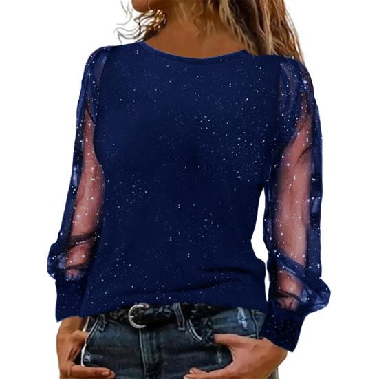Women T-shirt O-neck Mesh Hollow Puff Long Sleeves Soft Stretchy Tops Shiny