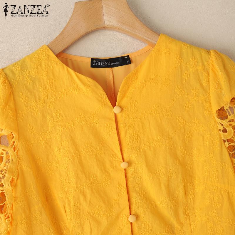 ZANZEA Dame Sommer V-hals Hul Heklet Spleis Kort Ermet Casual Bluse
