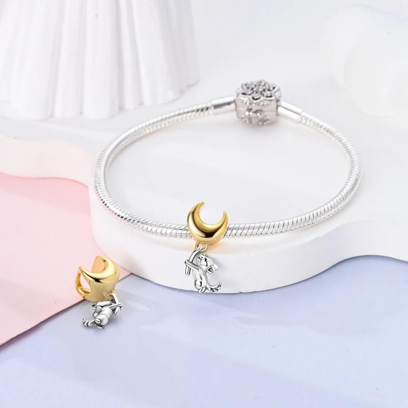 Joli Chiot et Lune Perles Cuivre Perles Originales S'adaptent aux Charms Originaux Bracelet Perles Bijoux Cadeaux Pour Femmes