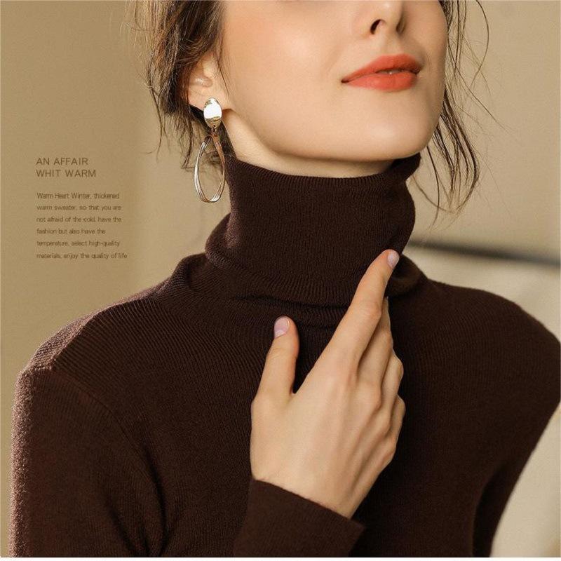 Soft waxy pile-neck knitted bottoming shirt for women, slim spring and autumn style temperament versatile solid color turtleneck bottoming