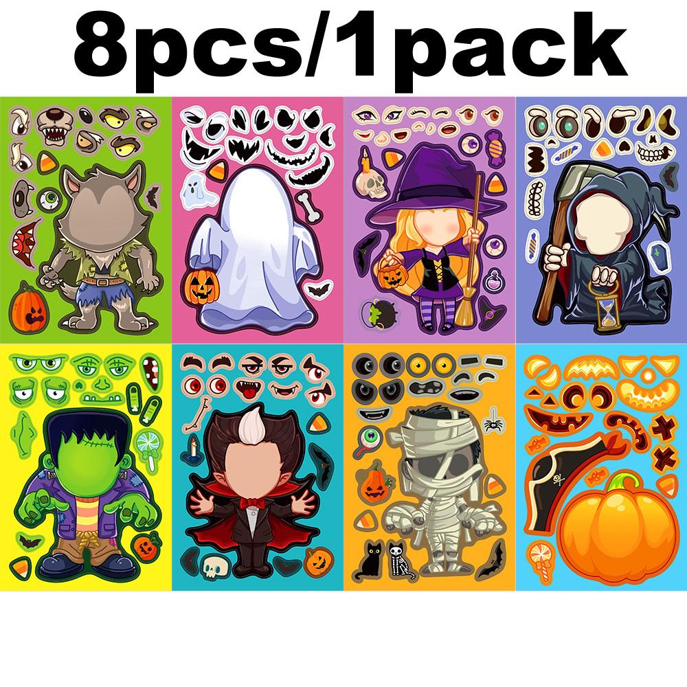 8Pcspack Cartoon Halloween Sticker Make A Face Puzzle Diy Pumpkin Ghost Assemble Jigsaw Educational Game Party Toy