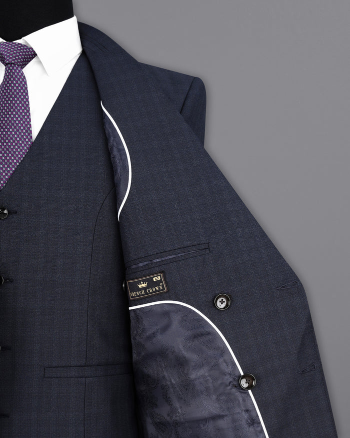 Gunmetal Blau Dezentes Karomuster Zweireihiger Blazer